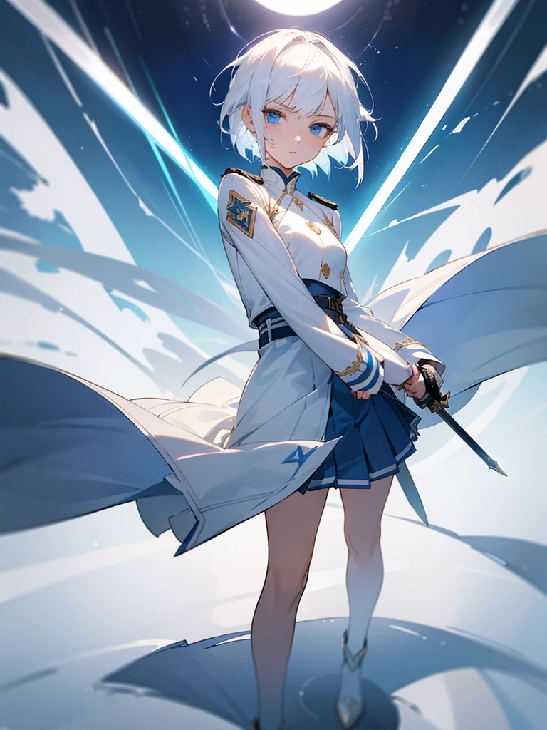 1girl, full body, white hair, short hair, blue eyes, flat chest, determined expression, sword, epic wind, white uniform, blue linings, pleated skirt, masterpiece, ultra detailed, beautiful face, detailed eyes, dramatic lighting, clean fingers, 