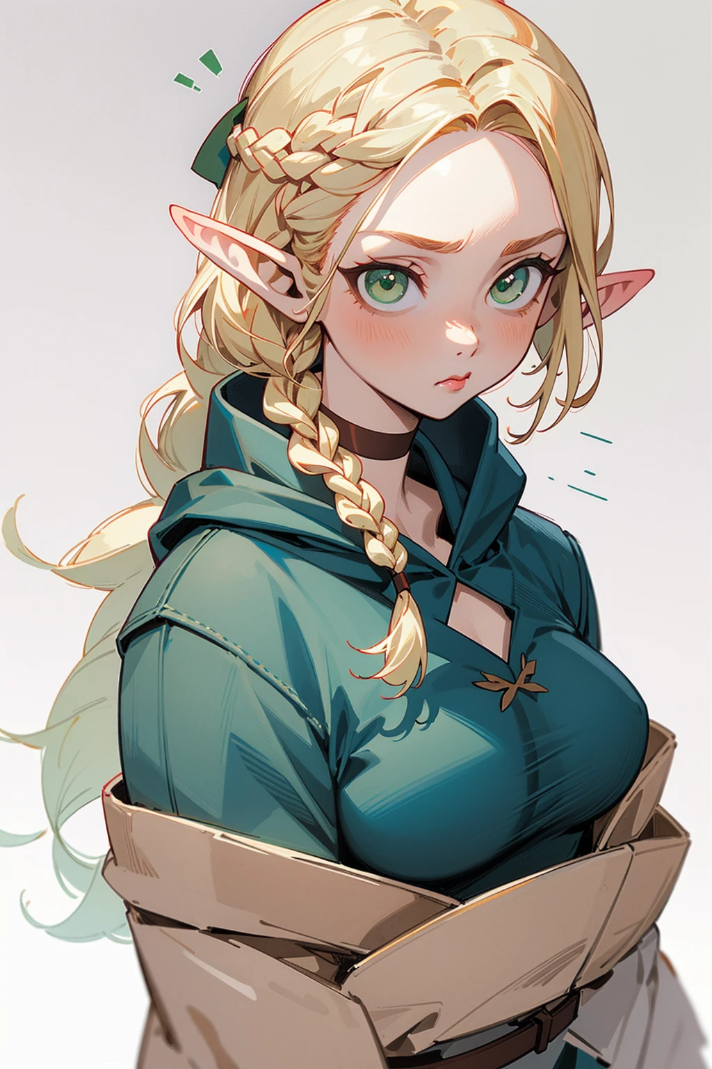 masterpiece, best qualityï¼ ï¼pointy ears, braid, solo, green eyes, ..., elf, blonde hair, white background, choker, 1girl, long hair, hair over shoulder, simple background, single braid, spoken ellipsis, :t, upper body, robe, pout