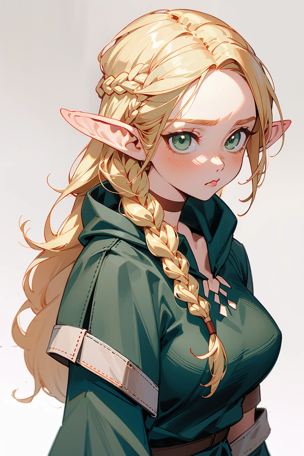 masterpiece, best qualityï¼ ï¼pointy ears, braid, solo, green eyes, ..., elf, blonde hair, white background, choker, 1girl, long hair, hair over shoulder, simple background, single braid, spoken ellipsis, :t, upper body, robe, pout