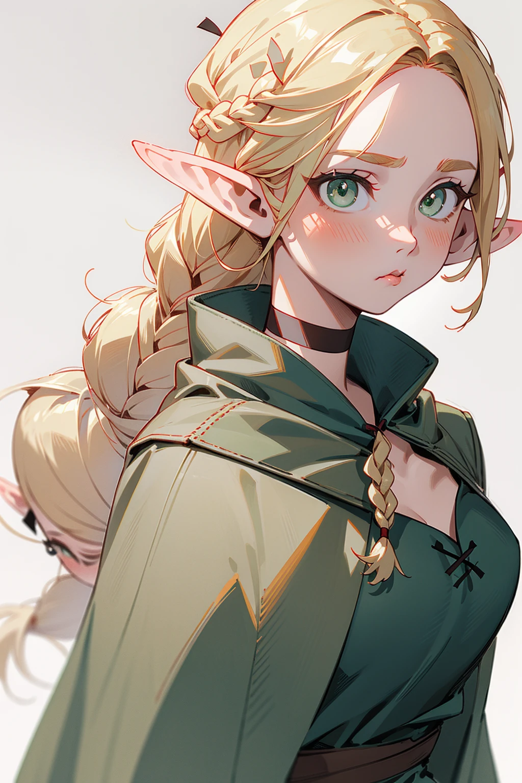masterpiece, best qualityï¼ ï¼pointy ears, braid, solo, green eyes, ..., elf, blonde hair, white background, choker, 1girl, long hair, hair over shoulder, simple background, single braid, spoken ellipsis, :t, upper body, robe, pout