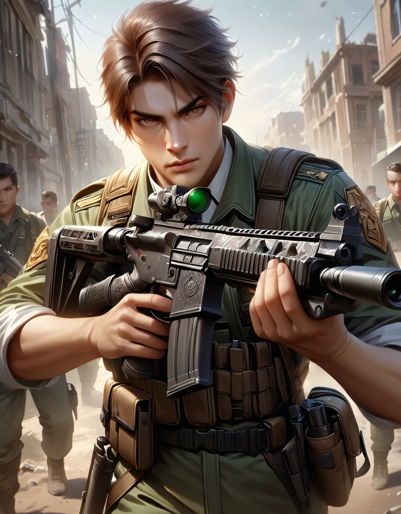 masterpiece, best quality, hyper-detailed, ultra-detailed, 1boy, college-age man, assault rifle, brown eyes, brown hair, gun, holding gun, holding weapon, holster, holstered weapon, male focus, military, military uniform, pistol holster, pistol in holster, realistic, rifle, scope, sleeves rolled up, solo, solo focus, trigger discipline, light green uniform, weapon