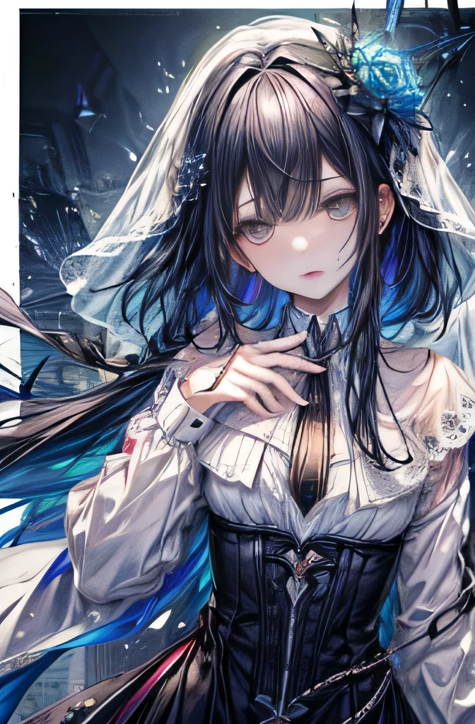 (masterpiece), (highest quality:1.1), (Very detailed:1.1), (Very delicate and beautiful), (The ultimate frustration:1.2)、(anger:1.0)、One Girl、Black-haired、(Tattoo on chest)、Long Hair、Heavy bangs、Rainbow Inner Hair Color、Flat Chest、hoodie、glitter、(Florium)、A vivid face、real skin、high resolution、hourglass, Abstract world, (Pocket watch), Equipment, Twisting and distortion of space, (Intricate and detailed), Where time rules