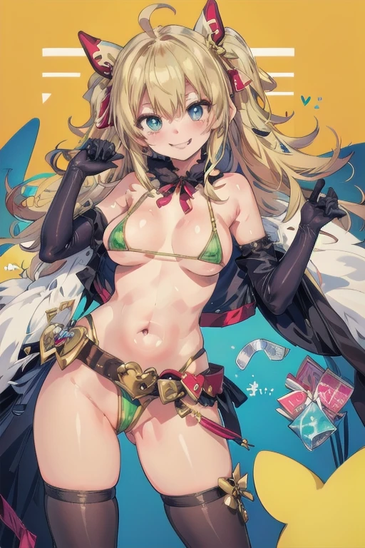 (best quality, masterpiece:1.2), ultra detailed, 1girl, mizuryu kei, evil smile, hoshii miki, blonde hair, ahoge, micro bikini, long gloves, elbow gloves, condom belt,
