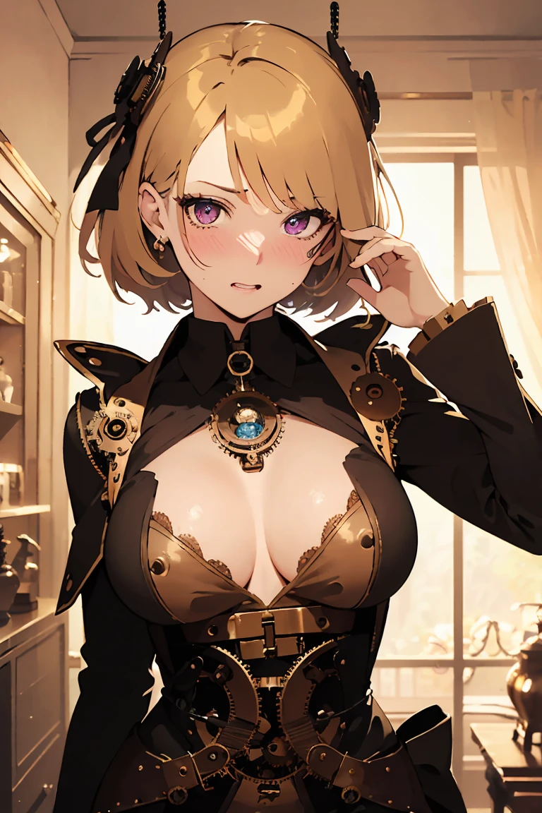 masterpiece, absurdres, best quality, ultra detailed, high Resolution, detailed illustration, bright colour, (extremely beautiful detailed face and eyes, Delicate beautiful face, 1 girl, cute face:1.3), (magenta eyes:1.1), sparkling eyes, big eyes, medium breasts, (perky breasts:1.1), (pointy breasts:1.1), medium hips, glamorous body, white skin, BREAK, long bob cut, (blonde hair:0.8), messy hair, detailed hair, shiny hair, BREAK (undressed, steampunk, Tulle dress:1.5), (vagina, rape:1.3), perfect lighting, (embarrassed:1.5), (ecstasy, vulgarity:1.5), (trembling:0.8),