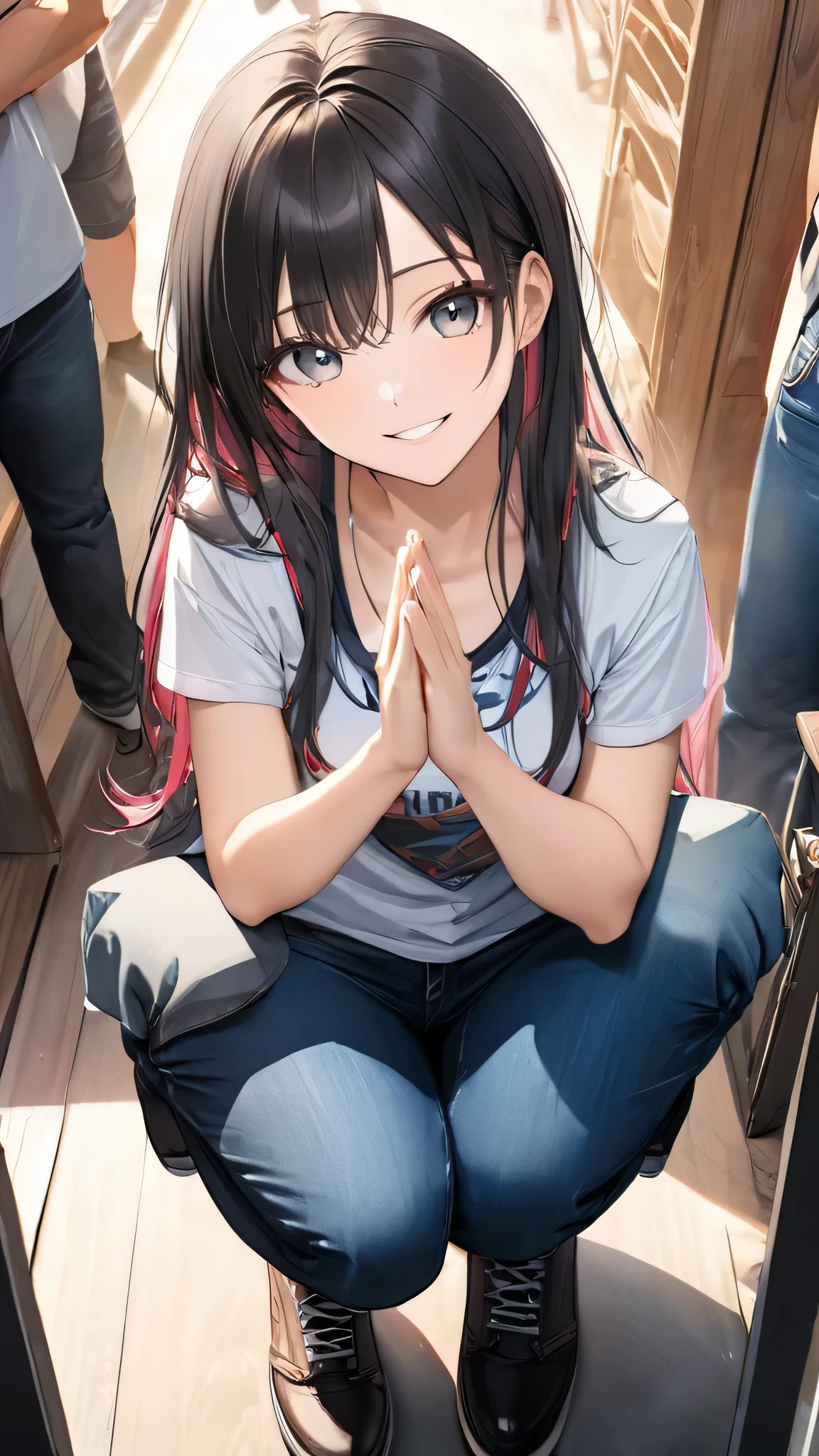(full body:1.4), from above, (masterpiece:1.3)), (best quality:1.3),(ultra detailed:1.4),(extremely detailed),(absolutely resolution:1.3) ,absurdres,8k, 1girl, grin, ultra detailed eyes, long hair, multicolored hair, tanktops, jeans, squatting, waving hands,