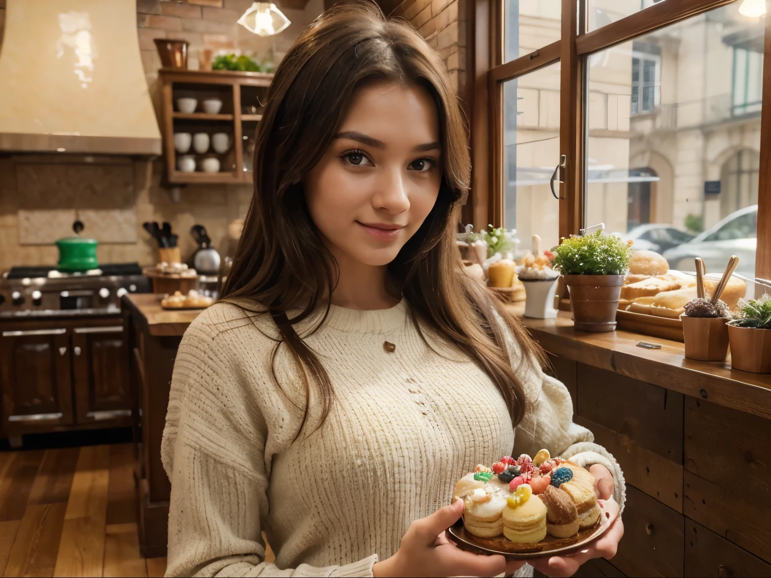 (best quality,4k,8k,highres,masterpiece:1.2),ultra-detailed,(realistic,photorealistic,photo-realistic:1.37), HDR, UHD, studio lighting, ultra-fine painting, sharp focus, physically-based rendering, extreme detail description, professional, vivid colors, bokeh, bakery shop, beautiful detailed eyes, beautiful detailed lips, extremely detailed eyes and face, long eyelashes, 1 girl, 18-year-old, sexy, full firm body, fashionable outfit, charming smile, confident expression, natural beauty, cozy atmosphere, appetizing pastries, freshly baked bread, colorful macarons, mouthwatering desserts, aromatic coffee, artistically arranged cake displays, rustic wood accents, vintage-inspired interior, playful interaction with customers, natural light filtering through the windows, inviting indoor plants, warm color palette, soft and welcoming ambiance, delicious aroma, busy but organized space, bustling kitchen, creative pastry chef, artistic presentation, mouthwatering treats tempting customers, delightful customer experience, joyful and inviting environment, sweet indulgence.