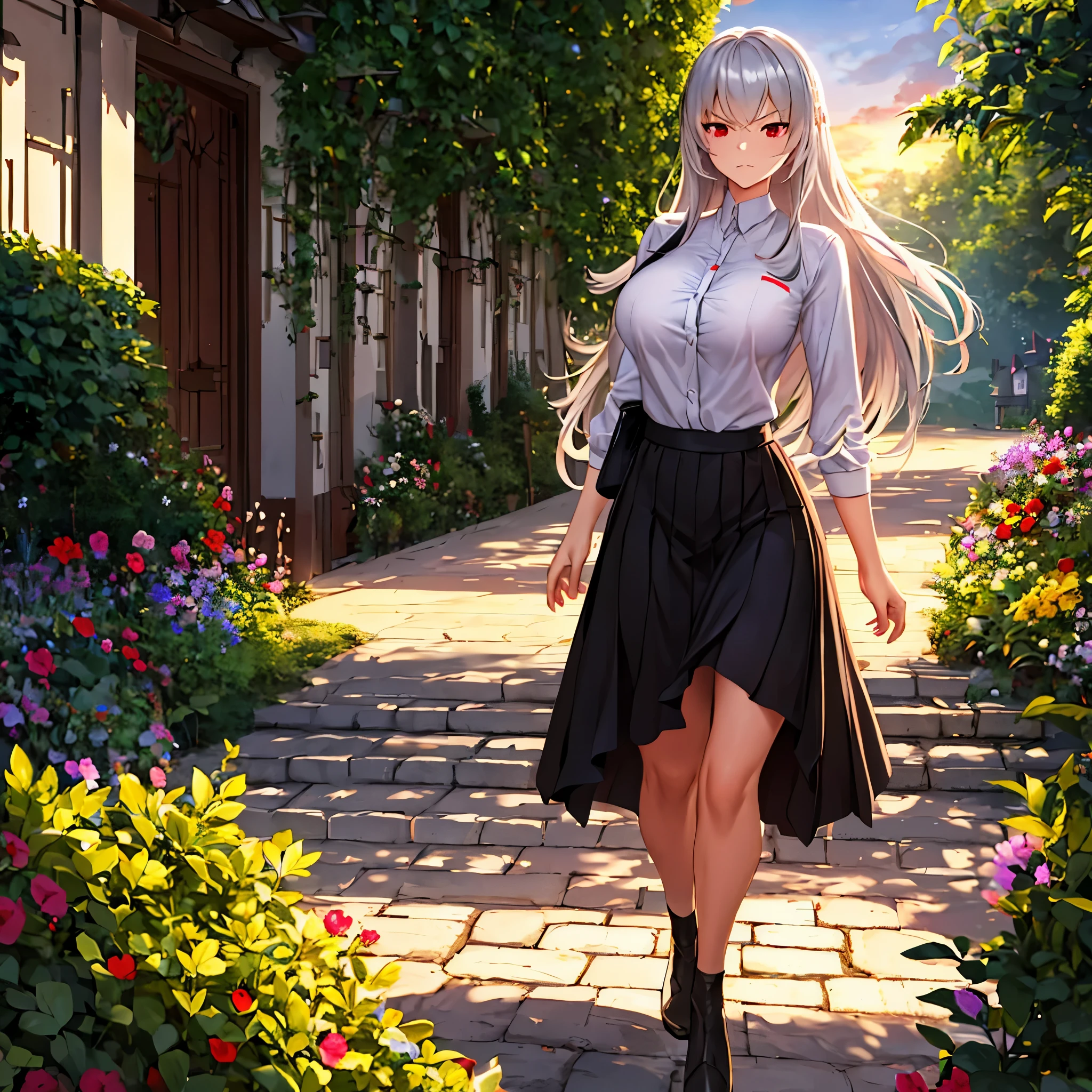 A woman wearing a white shirt, with a design of the German flag, black skirt, long silver hair, red eyes, serious face, big breast, walking in a garden of a traditional German castle, with trees and plantations around, concrete walkway, sunset,.HDR, ultra resolution, well defined, masterpiece, 8K HD. (solo woman)
