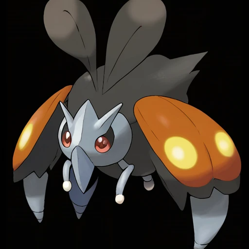 Type: Electric, Type: Dark Fairy Egg Group: No eggs discovered, is a pokemon creature that It has a series of Brown pouches along its sides that inflate to display dominance or during courtship rituals,The creature's gaze can cast a Silver reflection on surfaces capturing its mood and essence,The creature can emit a yellow (orange:0.8) glow from the tips of its antennae, which is used to navigate and communicate in the dark,The creature's claws are retractable and sharp enough to cut through steel,It has a patch of fur on its chest that shimmers with a Red hue symbolizing its heart's purity score_9, score_8_up, score_7_up, score_6_up, score_5_up, score_4_up. Simple black background, (Masterpiece:1.3) (best quality:1.2) (high quality:1.1)
