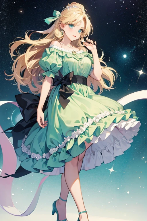 She is a light olive green with blonde hair. She wears a light teal dress with a pinkish-white pearl necklace, pink lipstick, black high-heeled shoes, and has a dark teal ribbon in her hair. In her older appearances, her pearl necklace was colored dark teal. SPARKLE; GLITTER