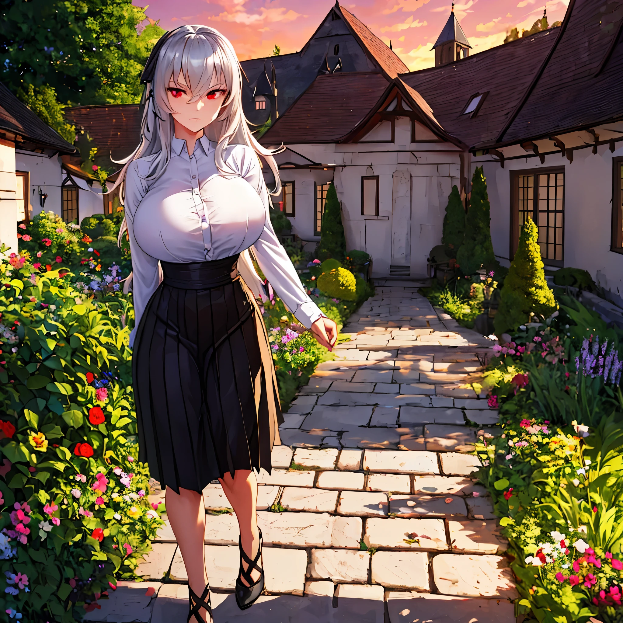 A woman wearing a white shirt, with a design of the German flag, black skirt, long silver hair, red eyes, serious face, big breast, walking in a garden of a traditional German castle, with trees and plantations around, concrete walkway, sunset,.HDR, ultra resolution, well defined, masterpiece, 8K HD. (solo woman)
