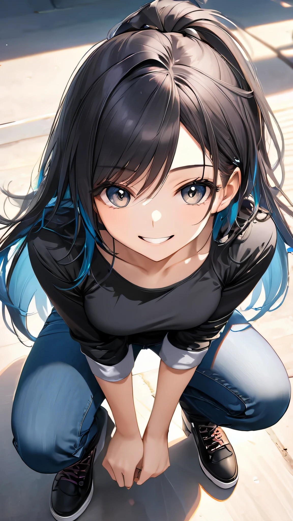 (full body:1.4), from above, (masterpiece:1.3)), (best quality:1.3),(ultra detailed:1.4),(extremely detailed),(absolutely resolution:1.3) ,absurdres,8k, 1girl, grin, ultra detailed eyes, long hair, multicolored hair, tanktops, jeans, squatting, waving hands,