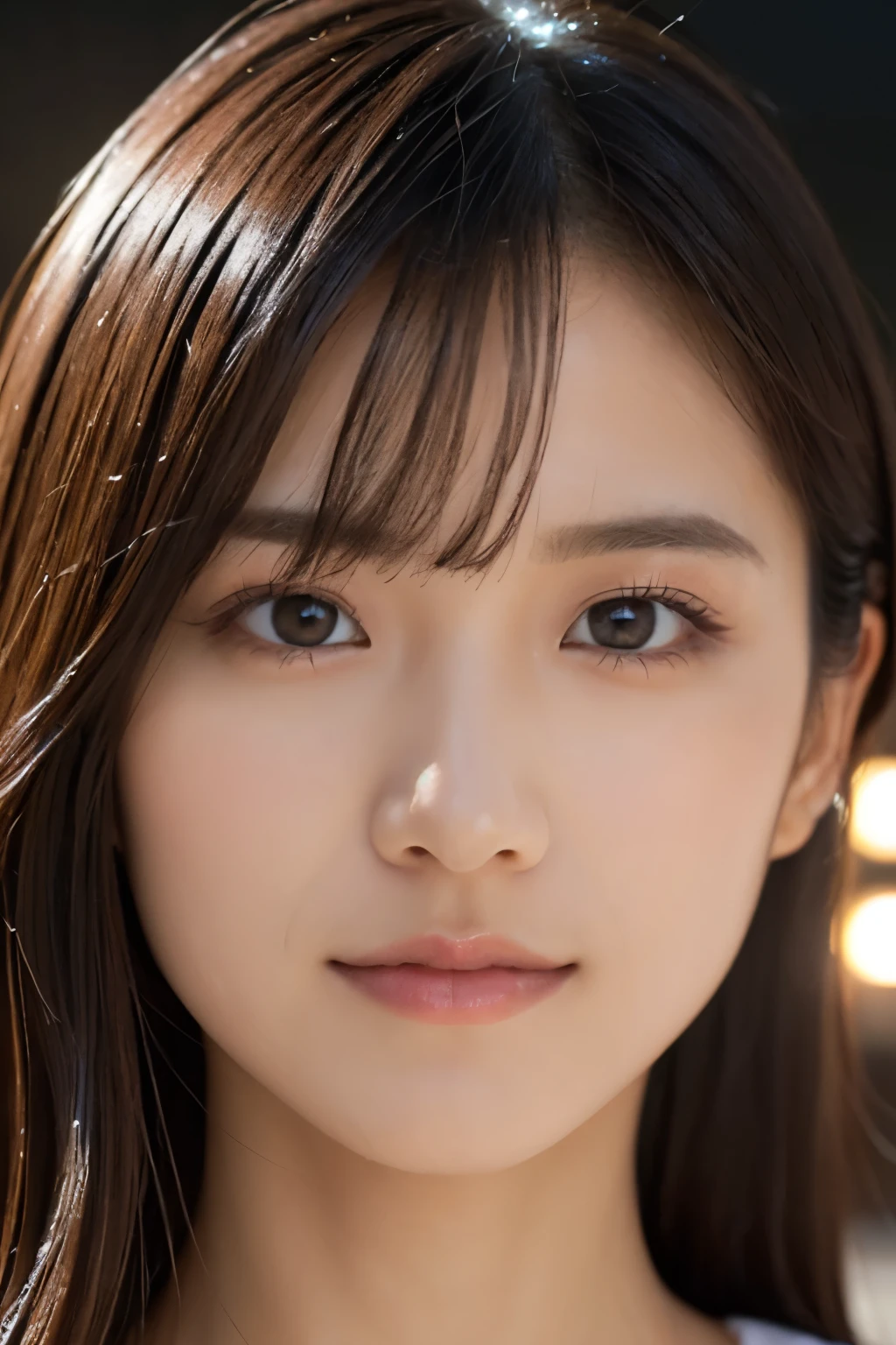 One Girl, (White underwear:1.2),((Close-up of face:1.4))、((a little heavy makeup:1.3))、 (RAW Photos, highest quality), (Realistic, Photorealistic:1.4), Tabletop, Very delicate and beautiful, Very detailed, 2k wallpaper, wonderful, In detail, Very detailedな CG Unity 8K 壁紙, Very detailedな, High resolution, Soft Light, Beautiful detailed girl, Very detailedな目と顔, Beautifully detailed nose, Beautiful fine details, Cinema Lighting, City lights at night, Perfect Anatomy, Slender body, smile