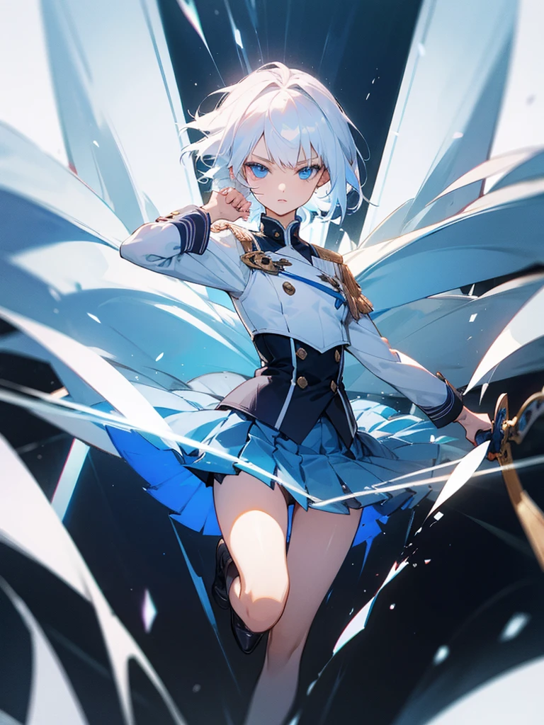 1girl, full body, white hair, short hair, blue eyes, flat chest, determined expression, sword, epic wind, white uniform, blue linings, pleated skirt, masterpiece, ultra detailed, beautiful face, detailed eyes, dramatic lighting, clean fingers,
