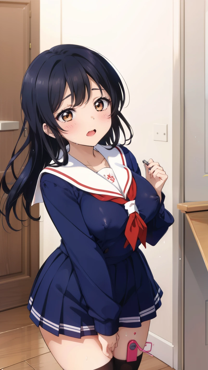 2 girls, by 2 person, Girl's brown eyes, black hair, medium long hair, Inward roll、(Navy blue sailor suit:1.4),indoors, Cafe、very big breasts、publish one'chest of、Naked things'chest of、blush、embarrassing、scary face、I'm worried、confused face、a large amount of breast milk comes out of the nipples,、Breast milk gushes from the nipple、very short skirt、micro mini skirt、female shape'Private parts are clearly visible、vibrator in thighhighs、The crotch is wet with love juice、Massage the breasts、Looks painful、Full body portrait