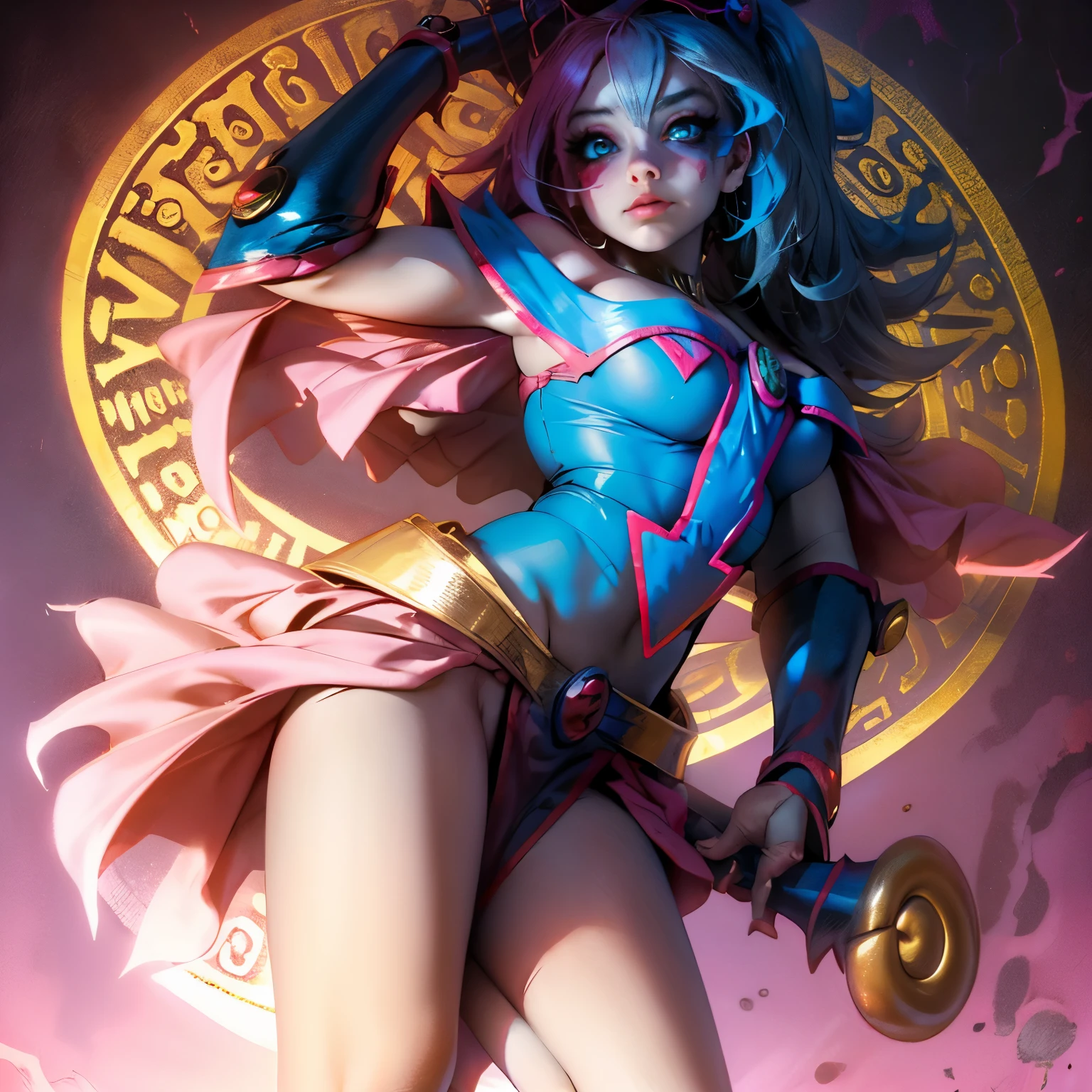 Maga oscura gils vestida de Harley Quinn. Tiene cabello rubio y negro. Ojos azules. Labios rojos. Dark magician gils is dressed as Harley Quinn. Pose sensual y inocente. Fondo de circo y magia.