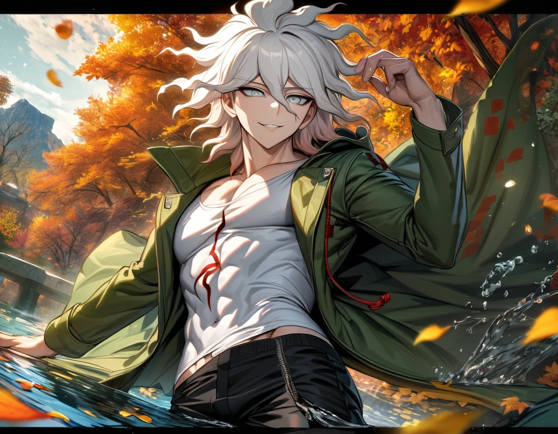 Ultra detailed, highres, absurdres, HDR, Komaeda Nagito, white hair, silver eyes, white tight shirt, green long coat, Danganronpa, water, autumn, petals, orange and yellow leaves, sexy man, solo, extremely handsome, very detailed face and eyes, black pants, toned chest, smirking,