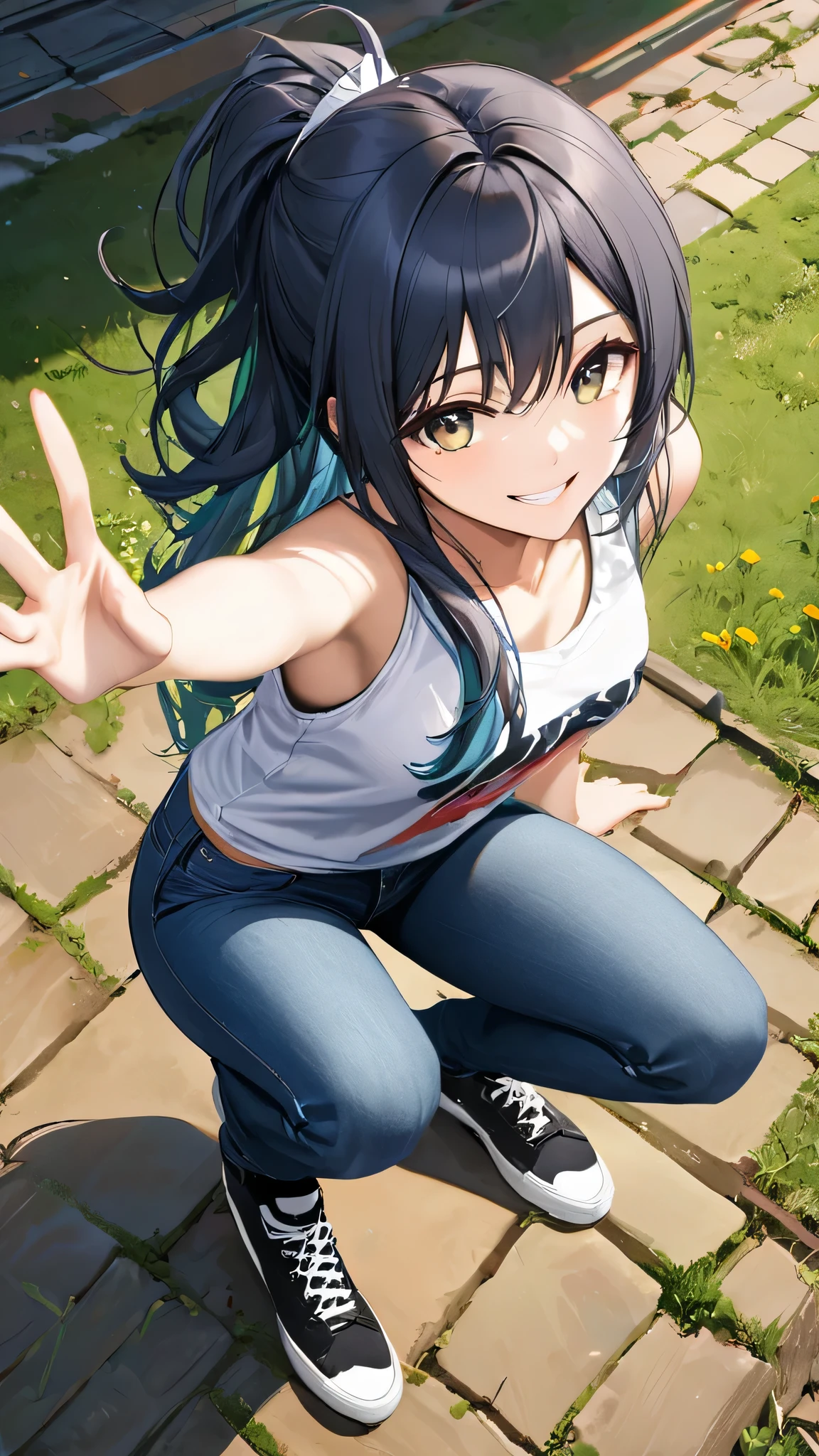 (full body:1.4), from above, (masterpiece:1.3)), (best quality:1.3),(ultra detailed:1.4),(extremely detailed),(absolutely resolution:1.3) ,absurdres,8k, 1girl, grin, ultra detailed eyes, long hair, multicolored hair, tanktops, jeans, squatting, waving hands,