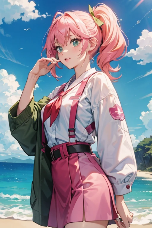 She is a pink with dark pink lips, sky blue fins, and yellow hair tied into two puffy pigtails. She wears an olive-green shirt with a red handkerchief and a army green skirt with a black belt. SPARKLE; GLITTER