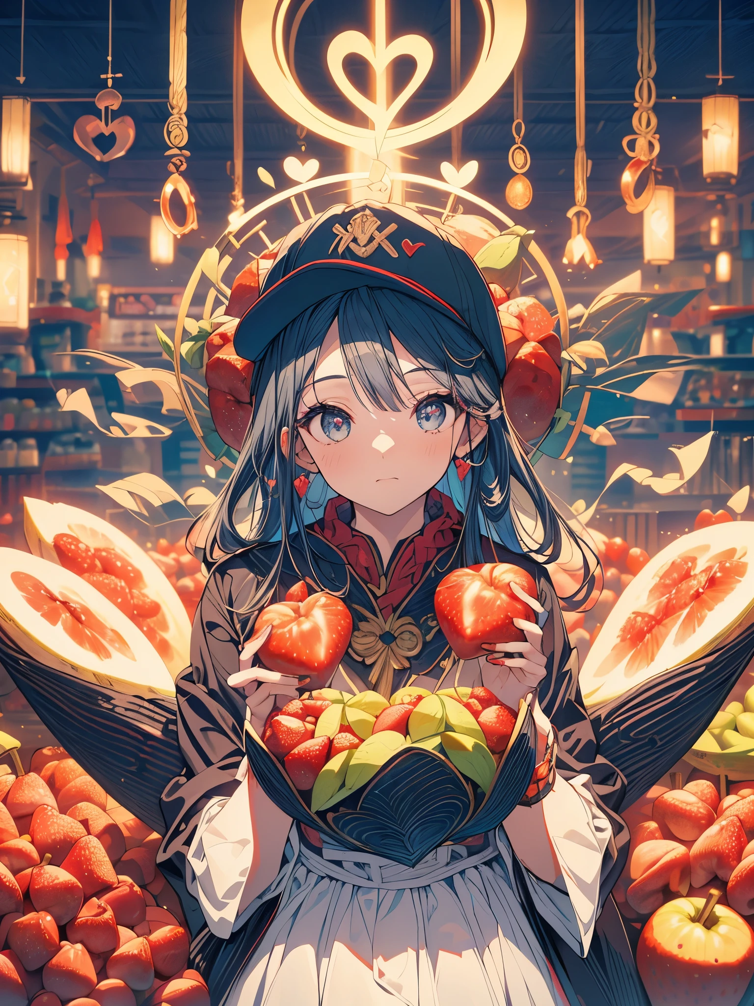 Mercadora, meio coreano, Half German, heart shaped face, medium length hair, retrato, YouTube video, realista, fotografia, ring lighting, ring lighting, semanalmente1, (((em uma barraca de frutas empolgando vendendo seu produto, wearing a cap with brim)))