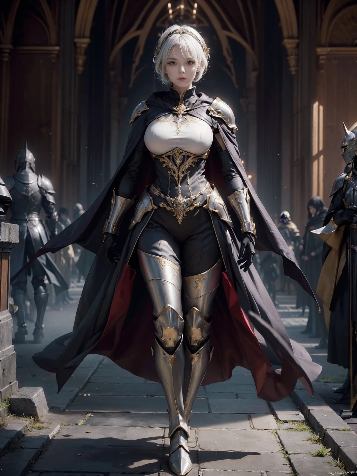 ((1 Full body single woman)) ,(Shooting from front), looking at the camera, centered image, tmasterpiece,A high resolution,Absolutely beautiful, facing camera, Tall and tall,(big breast : 1.3), white short hair with updo, (full coverage armor, Ornately decorated armor, Exquisite details of the armor and pants, warrior, gloves, helm, show armor iron boots, pauldrons with capes, allure:young adult,(Tall:1.5),Rich scene detail,In the midst of the war,standing.