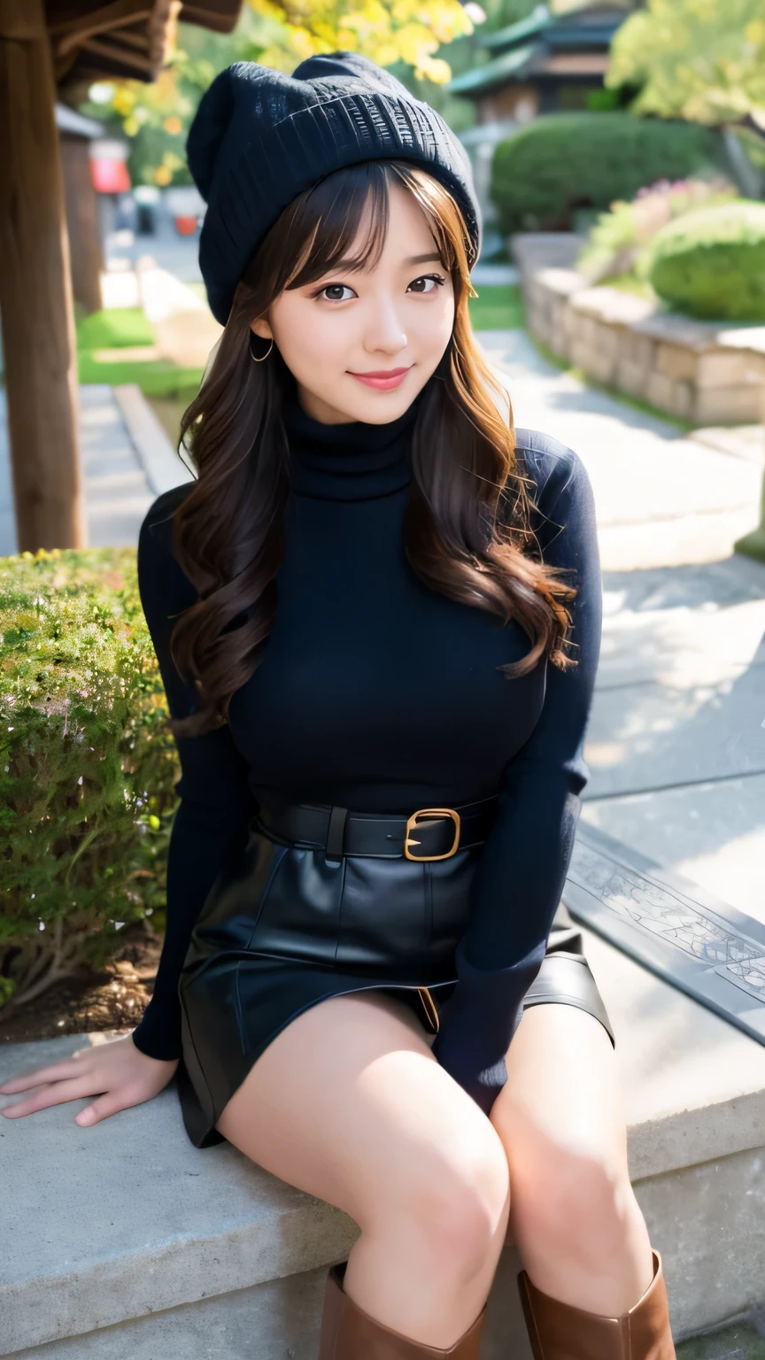 (realistic, photo-realistic:1.4), (extremely detailed 8k wallpaper), bokeh, detailed beautiful eyes and skin, (Image from thighs to head:1.3), (Japanese idol:1.3), 25yo, beautiful woman, smile, (large breast:1.2), full body, 
Quilted mini skirt, ribbed turtleneck sweater, patent ankle boots, leather backpack, beanie, statement watch,