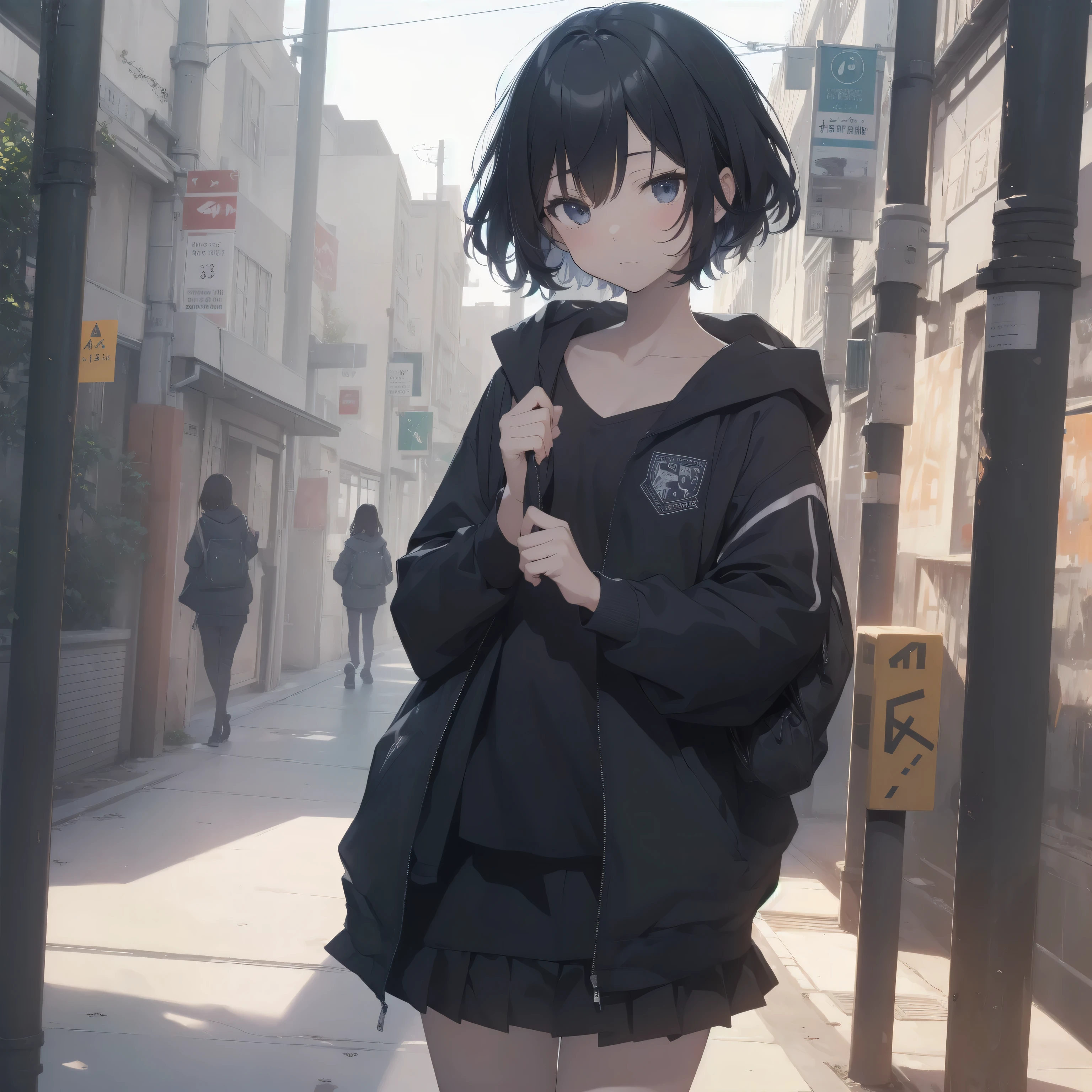 ultra-absurdres-Top quality by artist God, ultra-detailed, high resolution, anime moe artstyle, best anime 8k konachan wallpaper, pixiv contest winner,pool:2810, perfect ???????,break, 1girl, (Please draw a girl walking sleepily to school alone. )break,(Solo,little female, 13-year-old:1.3),Full limbs, complete fingers,a junior high school student,  (very short hair), short cut, flat chest, , small butt, small black eyes, beautiful detailed eyes, well-proportioned iris and pupils, expressive eyes, highres detailed hair, soft expression, school_uniform, official_alternate_costume, pleated skirt,(Detailed Lighting), (Detailed background), in the School commute route. break,super detailed skin, Best cinematic lighting powered by famous artist, 8k,beauty illustration,photoshop_(medium),very aesthetic,break,((artist:a1_(initial-g) )), artist:akinashi yuu ,artist:oyari ashito ,artist:kantoku ,