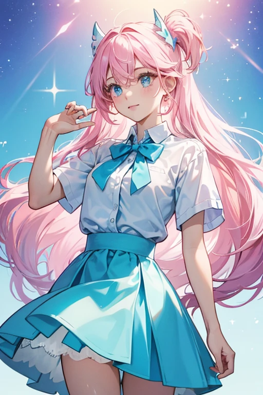light pink colored hair,Powder-blue pupils,JK uniform and pleated skirt,pink and blue color,Fair and flawless sweet loli girl,Demon Maiden
