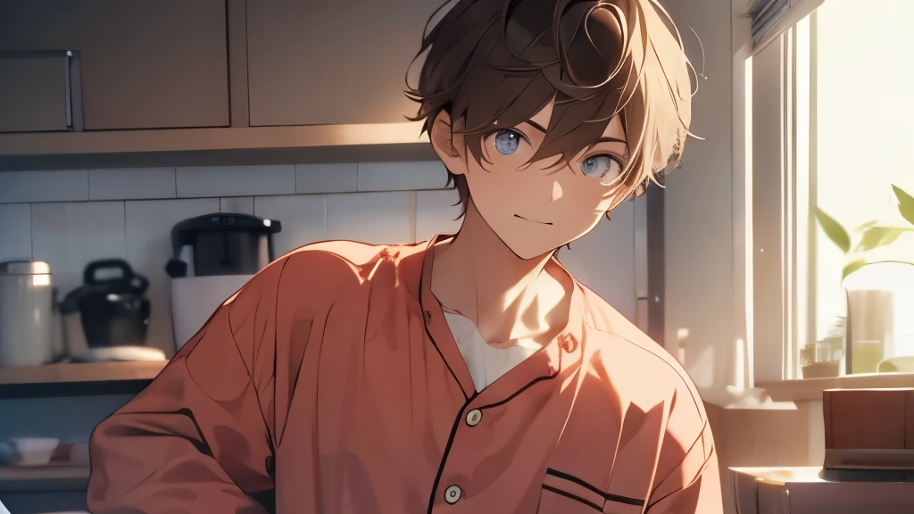 20-year-old male、brown hair、Handsome、Apartment、morning、Waking up、pajamas、Are standing