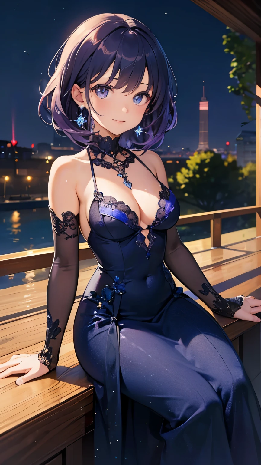 ((best quality)), ((masterpiece)), (detailed), perfect face, (best quality), (detailed skin:1.3), (intricate details), , ball gown, ((midnight blue dress)), plunging neckline, green emerald necklace, earrings, bewitching smile, (medium hair, purple hair), terrace seats at night