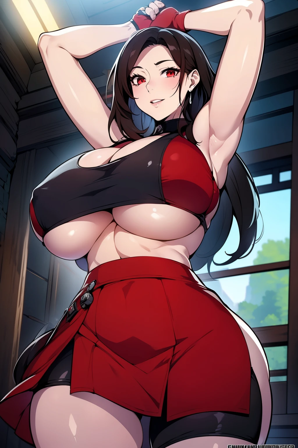 An anime-style artwork depicting tifa from the game final fantasy 7
Tags: tifa, anime, detailed eyes, detailed lips, ass, 1girl, red eyes, (chinese dress:1.1), (black hair:1.1), solo, huge breasts, smiling expression, intense gaze, dynamic pose, indoor, palace, vibrant colors, digital art, high-resolution, professional quality, gigantic breasts, (underboob : 1.4), cleavage, curvy, cowboy shot, (gigantic breasts: 1.4),