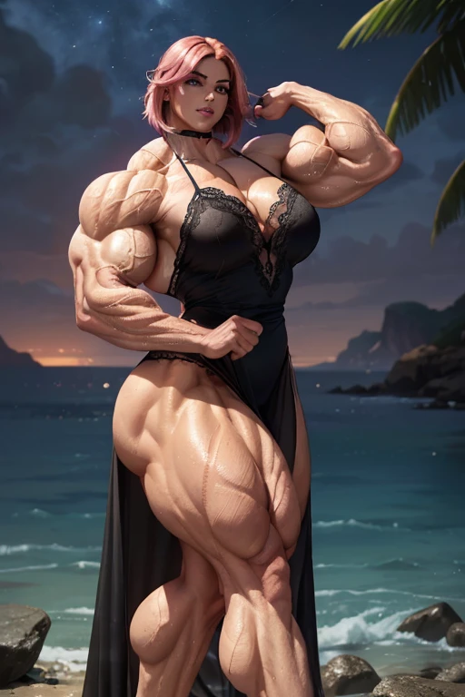 ((((Massive, tall, beautiful, buff, wet, light brown skinned muscular goddess woman with shocking pink hair, black lipstick, ginormous bulky muscles and wearing a beautiful long black lace nightgown)))), black eyeliner, massive muscle, massive biceps, hyper muscle triceps, (angled bob cut), red eyes, beautiful choker, crystal slippers, (on water of a dark sea), night time, flirtatious smirk, (hyper muscles arms), hyper muscle legs, (massive buff arms)