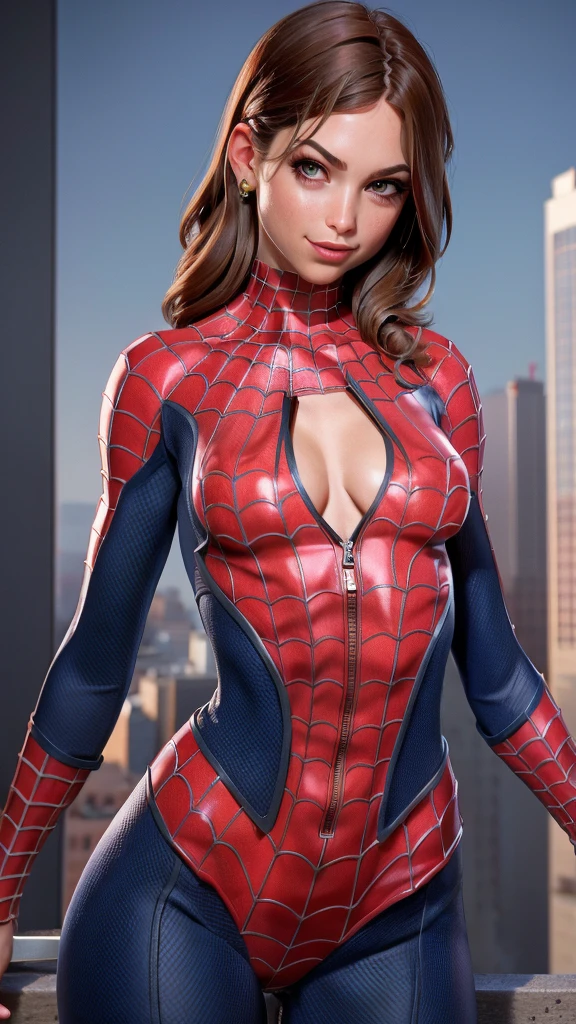 ((Mary Jane Watson )), (((exposed breasts, show nipples))), unzipped:1.2, bright eyes, ((costume is unzipped from her chest to her bellybutton)), smile, Beautiful woman detailed defined body, ((spider man cosplay)), small breasts, ((breasts popping out)), thigh gap, (freckles) unzipped, auburn hair, narrow waist, wide hips ((bare chest)), (show nipples) (((location is detailed city rooftop))), time of day is night, the costume is unzipped, ((her bare breasts are exposed)), visible nipples, (freckles across her nose)