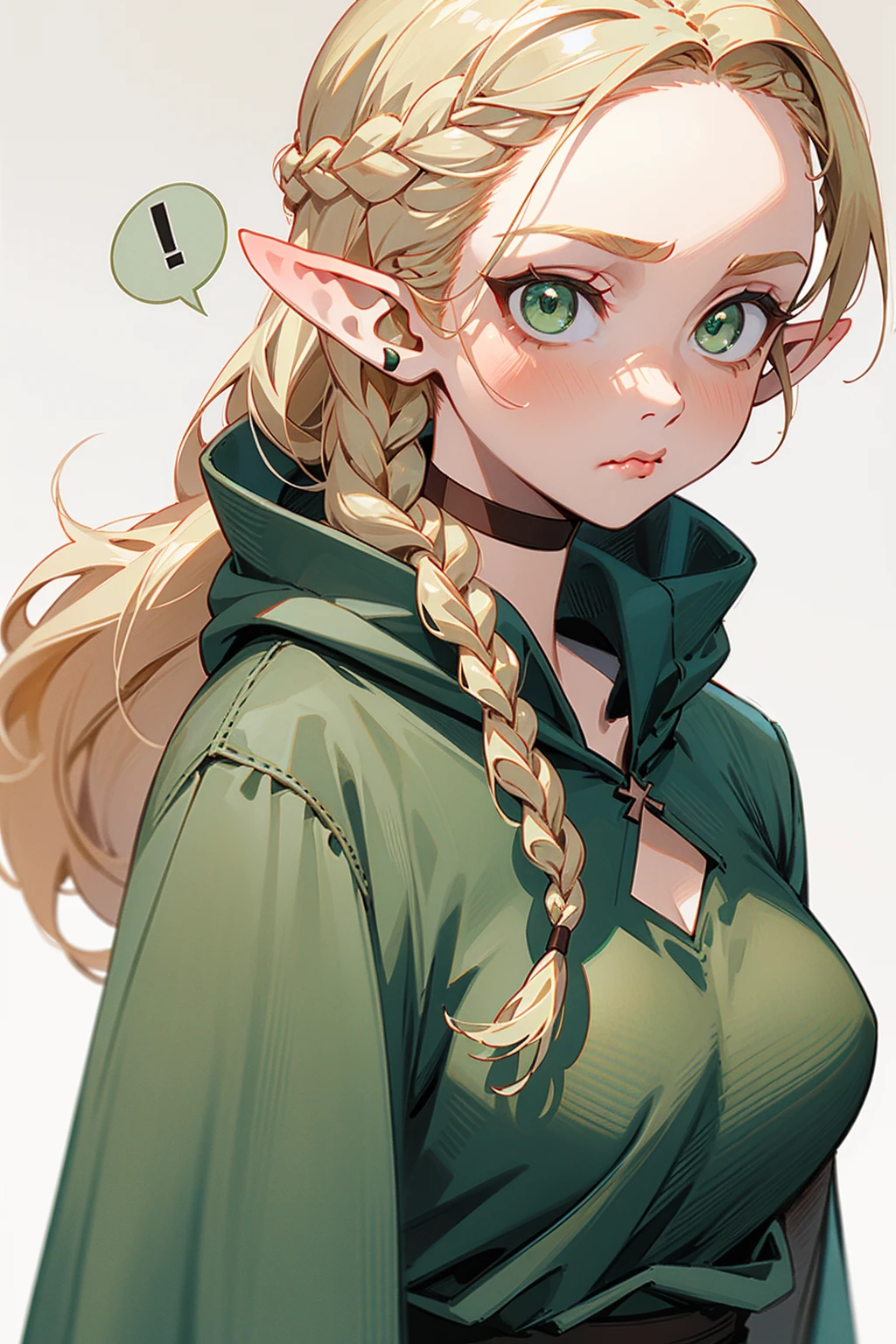 masterpiece, best qualityï¼ ï¼pointy ears, braid, solo, green eyes, ..., elf, blonde hair, white background, choker, 1girl, long hair, hair over shoulder, simple background, single braid, spoken ellipsis, :t, upper body, robe, pout