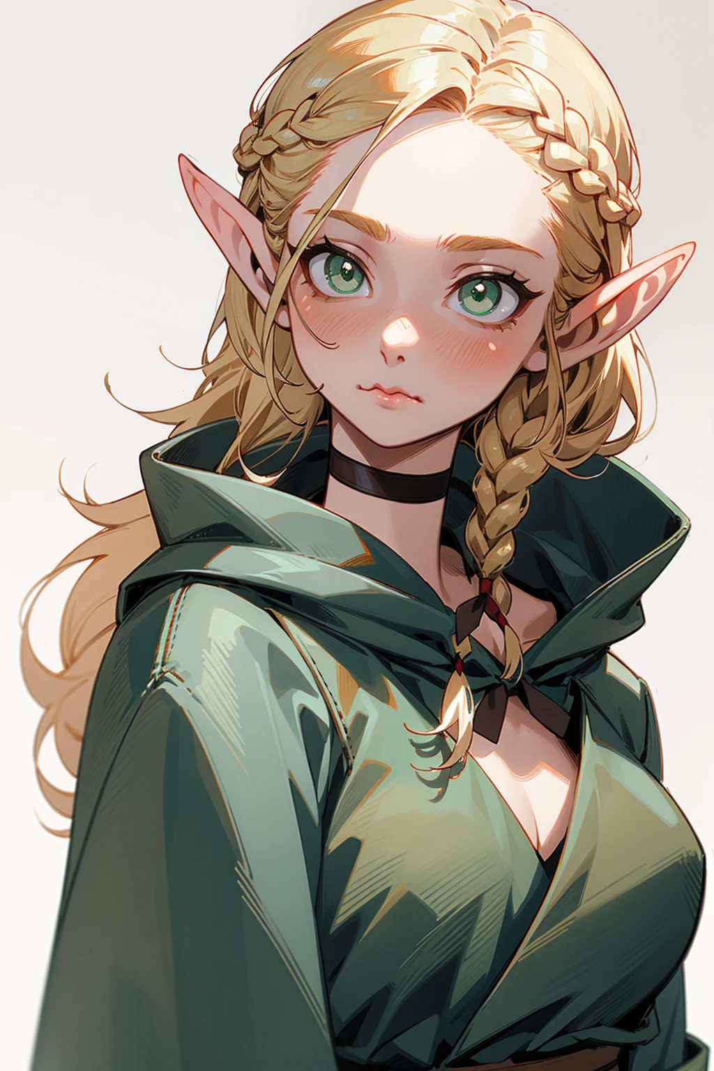masterpiece, best qualityï¼ ï¼pointy ears, braid, solo, green eyes, ..., elf, blonde hair, white background, choker, 1girl, long hair, hair over shoulder, simple background, single braid, spoken ellipsis, :t, upper body, robe, pout