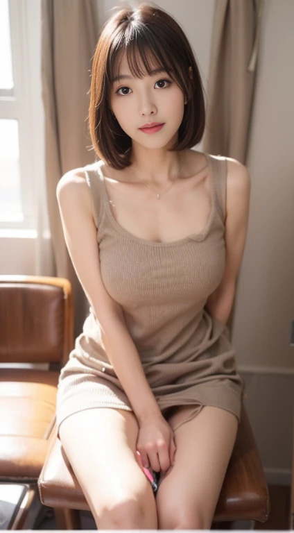 Close up portrait of woman sitting on chair in room, Japanese Girls, Yoshitomo Nara, sakimichan, Sexy Dress, Japanese women, Height: 165cm, Asian Girl, [32k High Definition]^10, Good young girl, 27 years old, Lovely lady, 