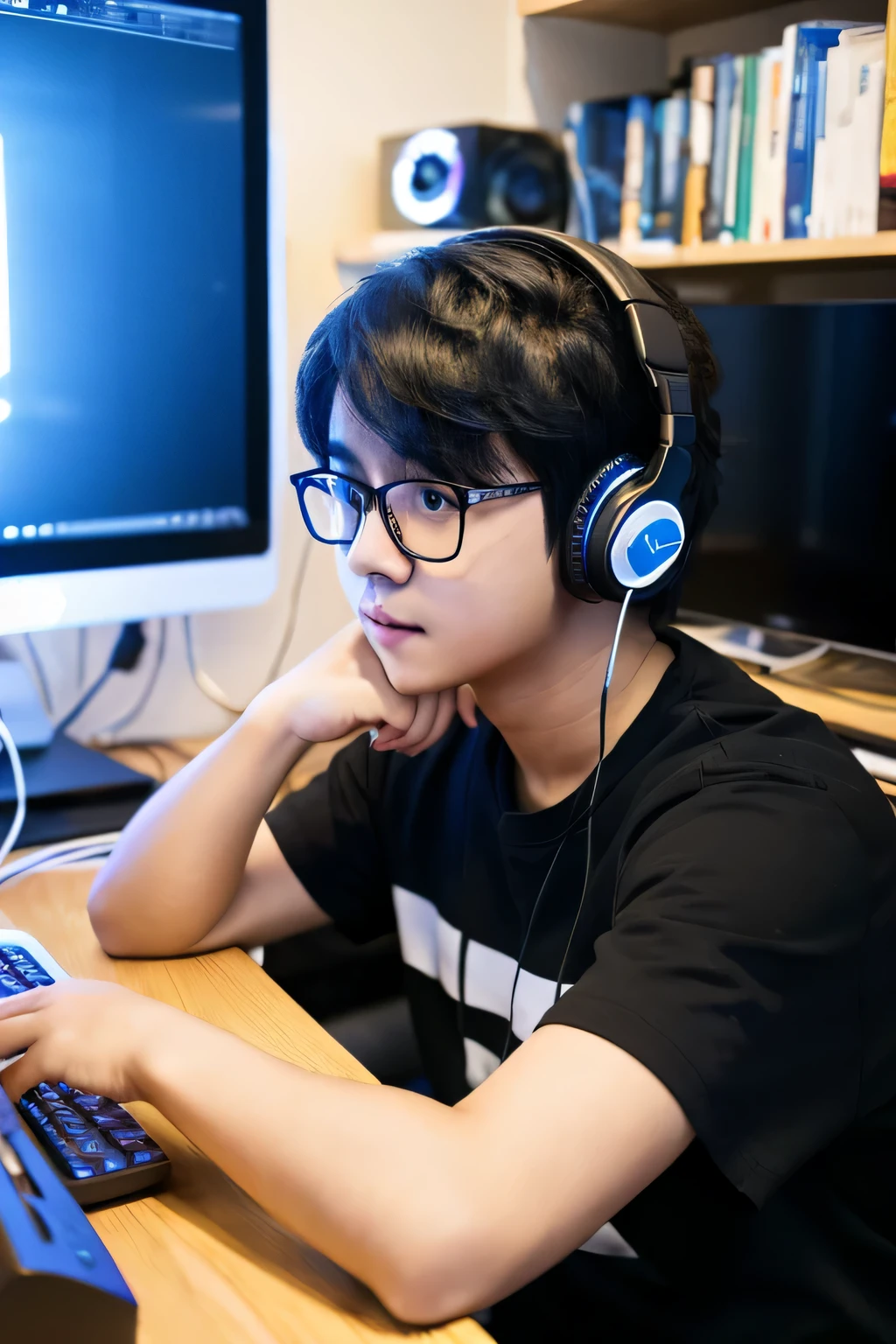 A little chubby、youth、Black Glasses、headphone、Desk and chair、Playing video games
