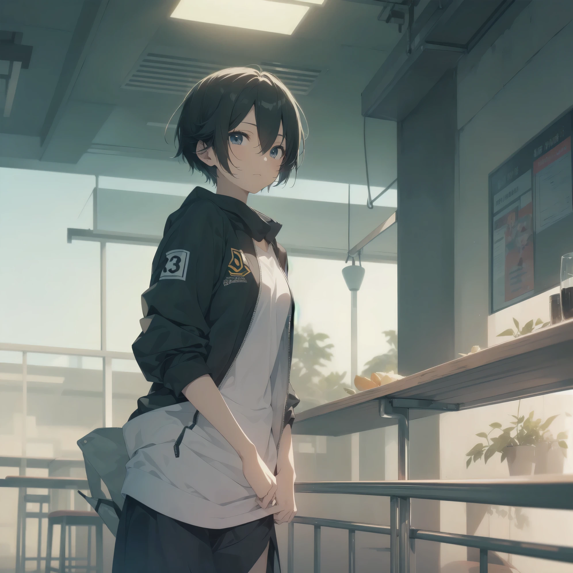 ultra-absurdres-Top quality by artist God, ultra-detailed, high resolution, anime moe artstyle, best anime 8k konachan wallpaper, pixiv contest winner,pool:2810, perfect anatomy,break, 1girl, (Please draw a girl walking sleepily to school alone. )break,(Solo,little female, 13-year-old:1.3),Full limbs, complete fingers,a junior high school student, (very short hair), short cut, flat chest, , small butt, small black eyes, beautiful detailed eyes, well-proportioned iris and pupils, expressive eyes, highres detailed hair, soft expression, school_gym uniform, official_alternate_costume, short gym shorts,(Detailed Lighting), (Detailed background), in the School commute route. break,super detailed skin, Best cinematic lighting powered by famous artist, 8k,beauty illustration,photoshop_(medium),very aesthetic,break,((artist:a1_(initial-g) )), artist:akinashi yuu ,artist:oyari ashito ,artist:kantoku ,
