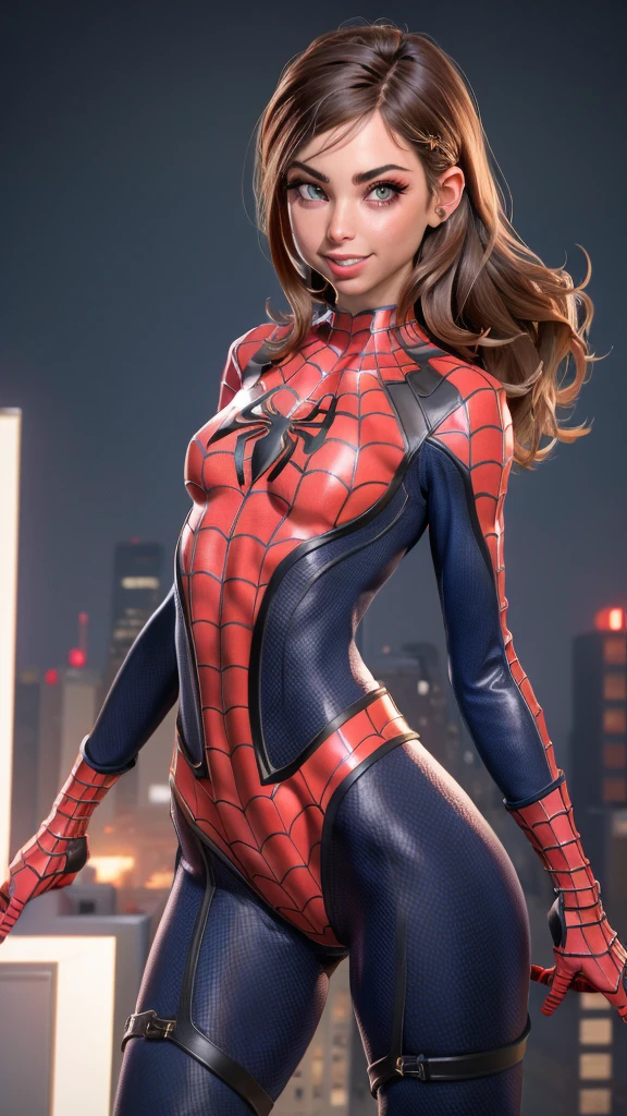 ((Riley Reid )), (((exposed breasts, show nipples))), unzipped:1.2, bright eyes, ((costume is unzipped from her chest to her bellybutton)), smile, Beautiful woman detailed defined body, ((spider man cosplay)), small breasts, ((breasts popping out)), thigh gap, (freckles) unzipped, red hair, narrow waist, wide hips ((bare chest)), (show nipples) (((location is detailed city rooftop))), time of day is night, the costume is unzipped, ((her bare breasts are exposed)), visible nipples, (freckles across her nose)