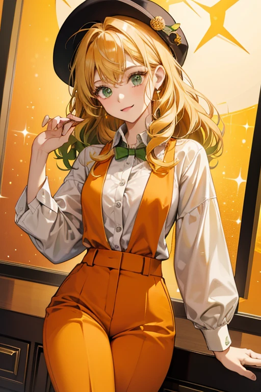 She is a green with curly blonde hair who wears an orange collared shirt, matching orange pants, an orange hat, and black shoes. SPARKLE; GLITTER