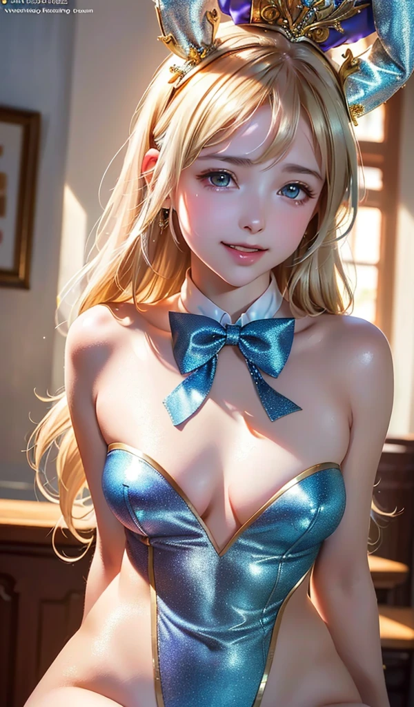 masterpiece, best quality, extremely detailed CG unity 8k wallpaper, (Upper Body head close-up shot of a beautiful little girl), , Elegant Long straight blonde hair, (Mckenna Grace), (flat chest,thighs,Black Skin), (Silver-blue) golden (Glittering tutu,long Bunny Ear Headgear, , Bow-tie, No panties, genitals visible), (spread legs), (Blush), oil skin, (seductive smile), (Wonderland), pretty face, key art, award winning, intricate detail realism hdr, by (ruan jia and artgerm and range murata), Photorealism, Hyperrealism, ultra realistic, dramatic light, intense shadows, gorgeous view, depth of field
 
