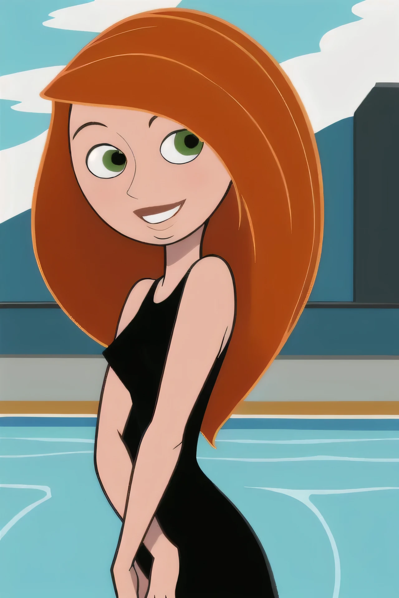 (masterpiece, best quality:1.3), 1girl, looking at viewer, kimberly ann possible, parted lips, upper body, standing, collarbone, bare shoulders, blush, colored skin, orange hair, long hair, absurdly long hair, green eyes, medium breasts, (skindentation:1.2), short black dress, (black dress:1.2), loose clothes, sleeveless, blue sky, clouds, mansion, swimming pool, smile