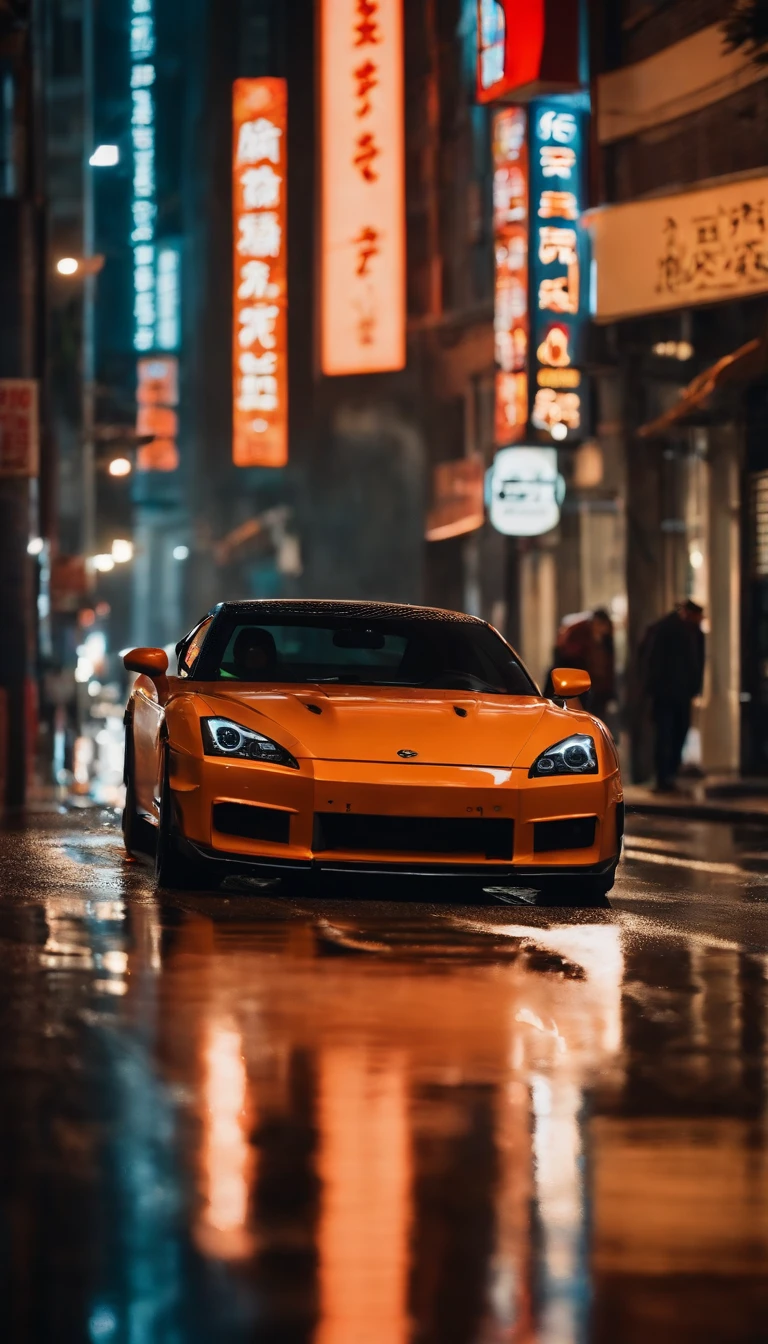 The image captures a striking urban scene on a rainy night in what appears to be a bustling city street. The foreground is dominated by an orange sports car, likely a Nissan GT-R, parked in the middle of the street. The car's sleek lines and aggressive stance create a bold focal point, with water droplets reflecting the vibrant neon lights of the surrounding buildings.
The camera angle is low, shooting upwards towards the towering buildings, creating a sense of depth and immersion in the cityscape. The perspective positions the viewer directly behind the rear of the car, enhancing its presence in the frame.
The street is illuminated by a warm glow from the numerous neon signs and street lights, casting a distinct ambiance that contrasts with the cool tones of the rain-soaked pavement. The reflections on the wet surface create a mesmerizing array of light patterns, adding an ethereal quality to the scene.
In the background, the buildings stretch upwards, adorned with colorful signs and advertisements in various languages, likely Japanese or Chinese, suggesting an Asian metropolitan setting. The branches of a tree in the foreground, with its autumn foliage, provide a natural element that complements the urban environment.
The depth of field is shallow, with the car and its immediate surroundings in sharp focus, while the background gradually blurs, drawing attention to the central subject. The image exudes a sense of energy and vibrancy, capturing the essence of a modern cityscape on a rainy night.