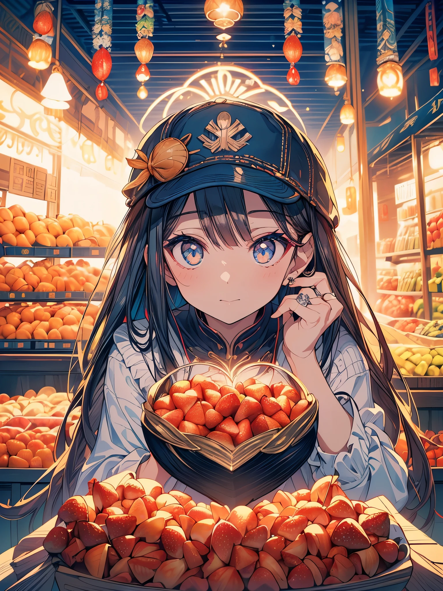 Mercadora, meio coreano, Half German, heart shaped face, medium length hair, retrato, YouTube video, realista, fotografia, ring lighting, ring lighting, semanalmente1, (((em uma barraca de frutas empolgando vendendo seu produto, wearing a cap with brim)))