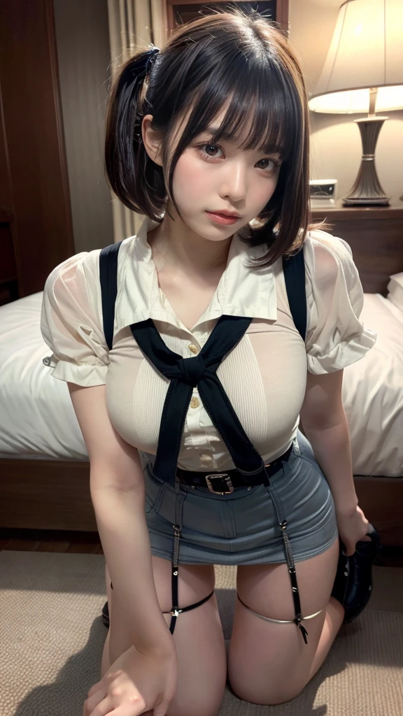 muste piece, best quality, illustration, Super detailed, fine details, High resolution, 8K,wall paper, perfect dynamic composition,(Details High quality, realistic depiction of eyes:1.3), (Fashionable, a belt black suspenders, Aside Cutter Shirt, a miniskirt, garterbelts), short bob hair, black hair color, Big Natural Color Lip, (perfect body shape), crying a little、cold gaze, Harajuku style、20 year old girl、cute type、lolita、beautiful legs, hotel room, Gravure Idol, Voluptuous thighs, large hip, getting pounded from behind, on all fours