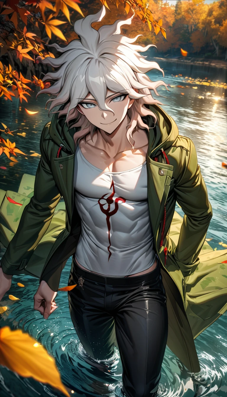 Ultra detailed, highres, absurdres, HDR, Komaeda Nagito, white hair, silver eyes, white tight shirt, green long coat, Danganronpa, water, autumn, petals, orange and yellow leaves, sexy man, solo, extremely handsome, very detailed face and eyes, black pants, toned chest, smirking,