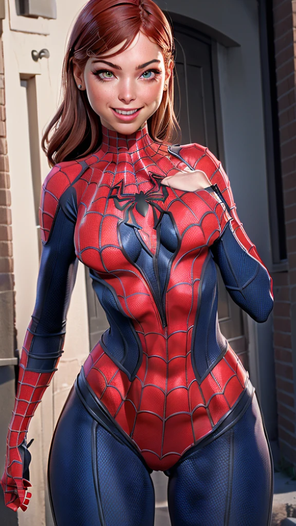 ((Mary Jane Watson )), (((exposed breasts, show nipples))), unzipped:1.2, bright eyes, ((costume is unzipped from her chest to her bellybutton)), smile, Beautiful woman detailed defined body, ((spider man cosplay)), small breasts, ((breasts popping out)), thigh gap, (freckles) unzipped, auburn hair, narrow waist, wide hips ((bare chest)), (show nipples) (((location is detailed city street))), time of day is night, the costume is unzipped, ((her bare breasts are exposed)), visible nipples, (freckles across her nose)