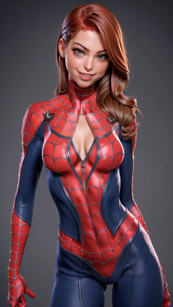 ((Mary Jane Watson )), (((exposed breasts, show nipples))), unzipped:1.2, bright eyes, ((costume is unzipped from her chest to her bellybutton)), smile, Beautiful woman detailed defined body, ((spider man cosplay)), small breasts, ((breasts popping out)), thigh gap, (freckles) unzipped, auburn hair, narrow waist, wide hips ((bare chest)), (show nipples) (((location is detailed city street))), time of day is night, the costume is unzipped, ((her bare breasts are exposed)), visible nipples, (freckles across her nose)