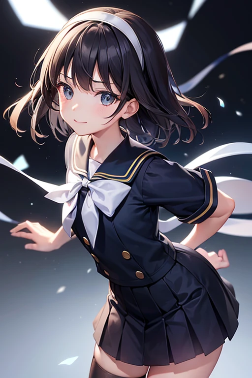 (Highly detailed CG Unity 8K), (highest quality)，(Very detailed)，(超High resolution), (Beautiful Eyes), (Detailed facial features), (Detailed characteristics of the garment), High resolution, 8k resolution, Navy blue sailor suit, High school girl in sailor suit, Dark Blue Skirt, Anime 2D Rendering, smile, Black Hair, (((Navy blue sailor suit))), Black Stockings, (((School Scene))), (((Small face))), Bobcut, ((White headband)), (Transparent background),