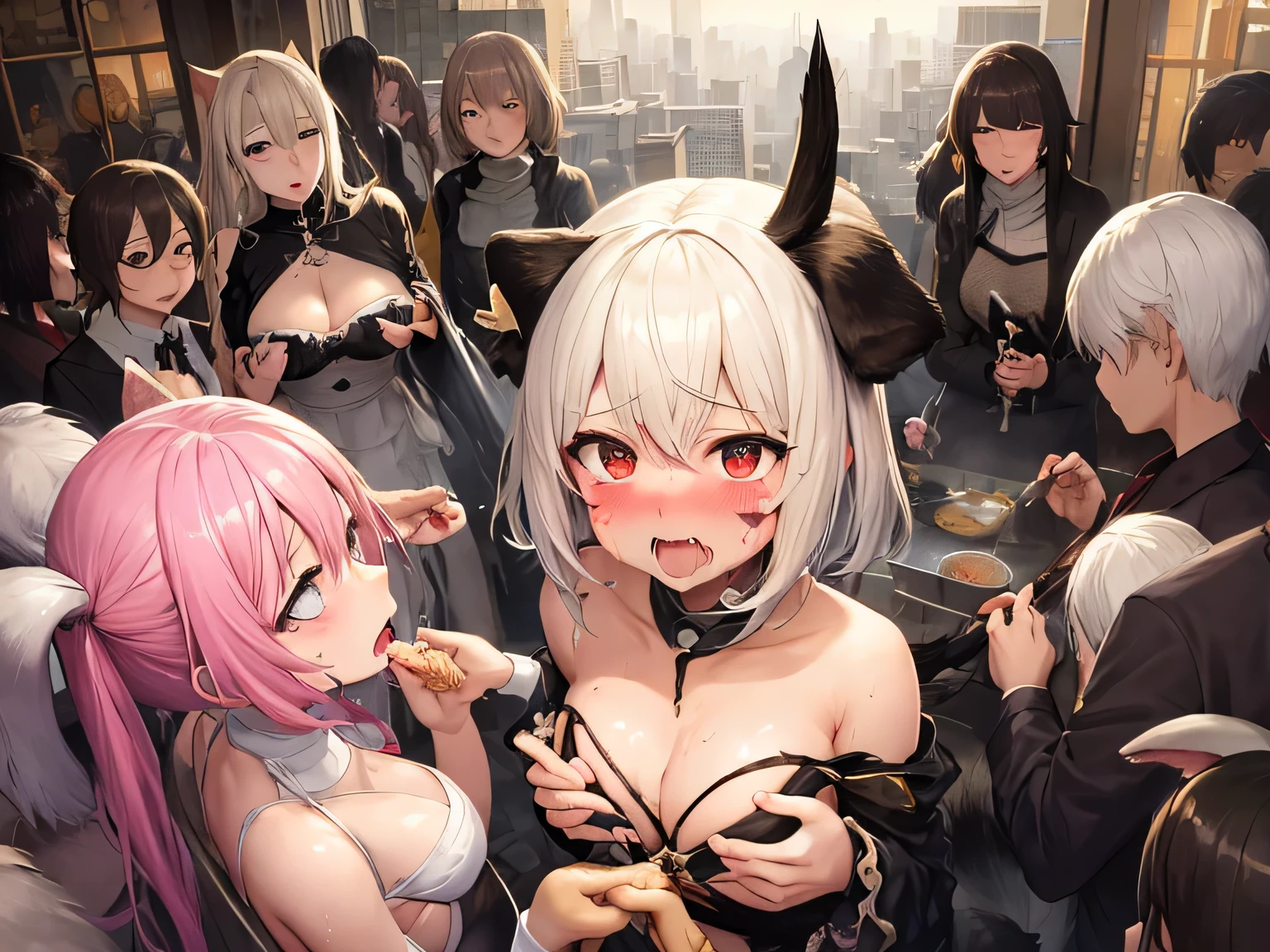 ((highest quality)), ((masterpiece)), (detailed), City of night、Swarm、Harem、Dog girl、Girls crowding around、In the heat of rutting、A lustful look、A girl who cries beautifully、Spoiled、A girl being stroked by her husband、female face、Bleaching、Unwinding bandage、Push down、White chemo ears、fluffy tail、Dripping Sweat、Heat、vapor、I'm horny、I want your children、Predator eyes、I'm going to eat it.、I can not stand it、Full of heart marks、Full Color