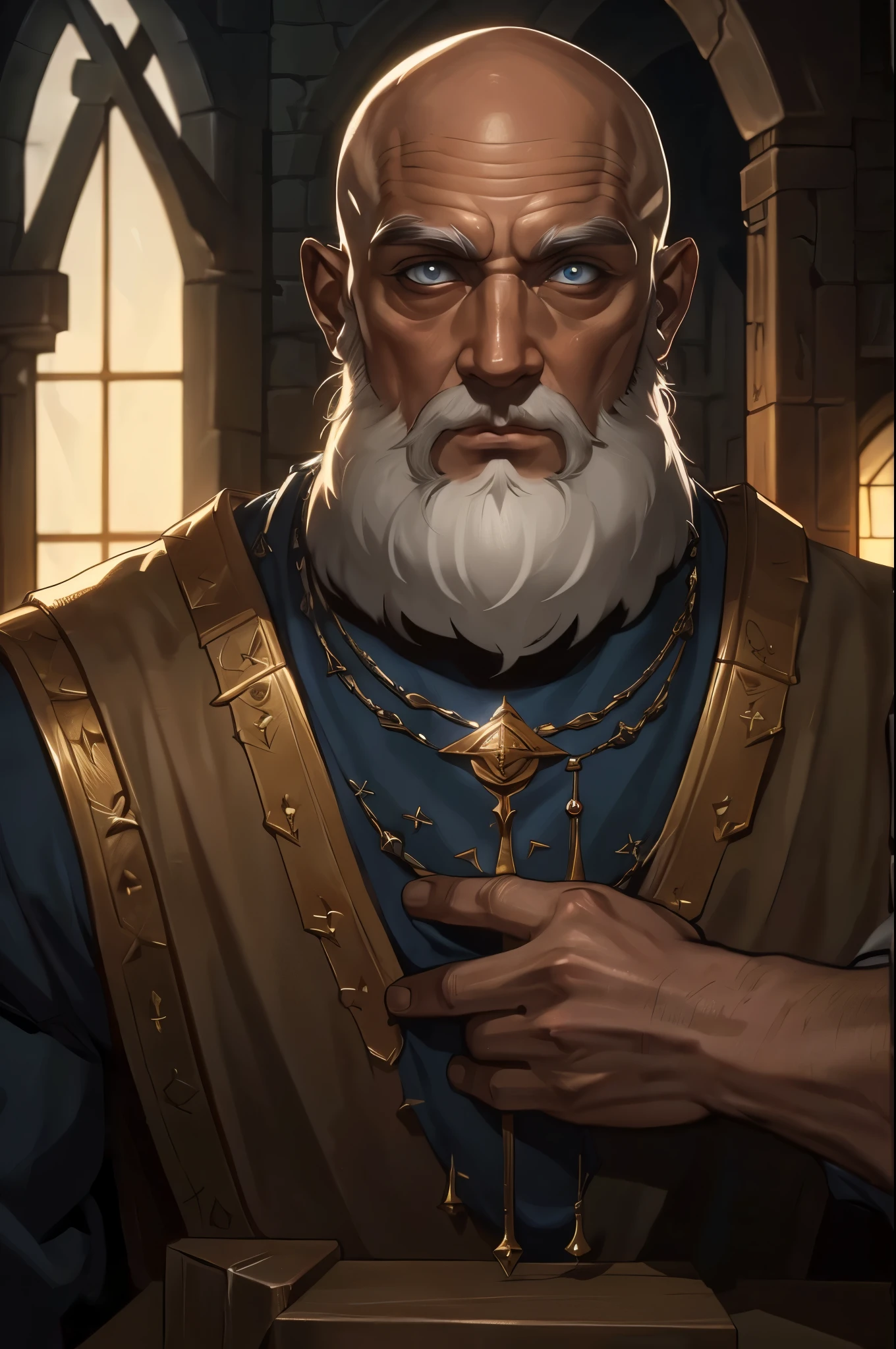1man, war cleric, dungeons and dragons, cleric, bald, beard, cleric armor, fantasy, inspired by Kojak, | (8k, RAW photo, best quality, masterpiece:1.2), ultra-detailed, (high detailed skin:1.2), 8k uhd, dslr, soft lighting, high quality, ((upper body)), (centered:1.2), ((LOOKING at the VIEWER)), asura, film grain, highly detailed shading, ((perfect_hands):1), Goodhands-beta2,